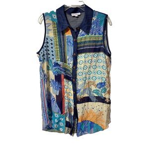 NorthStyle Womens Multicolor Soft Touch Comfy Trim‎ Patchwork Print Top Size L
